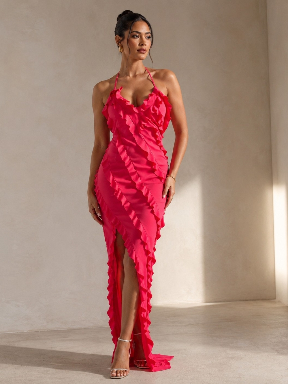 Club L London Pink Ruffle Halter Maxi Dress Size 12 New